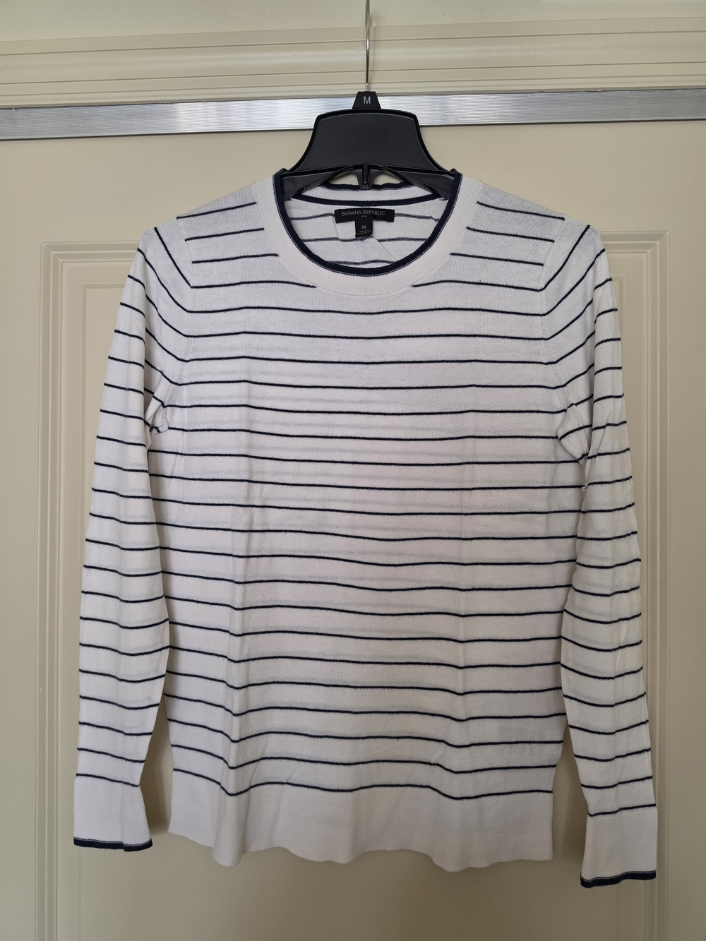 Banana Republic White & Navy Horizontal Stripe Long-Sleeve Crew